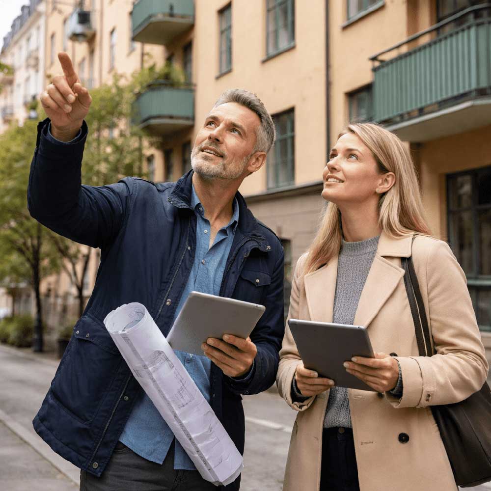 Två personer inspekterar bostadshus i Stockholm inför planering av underhållsplan för Brf.