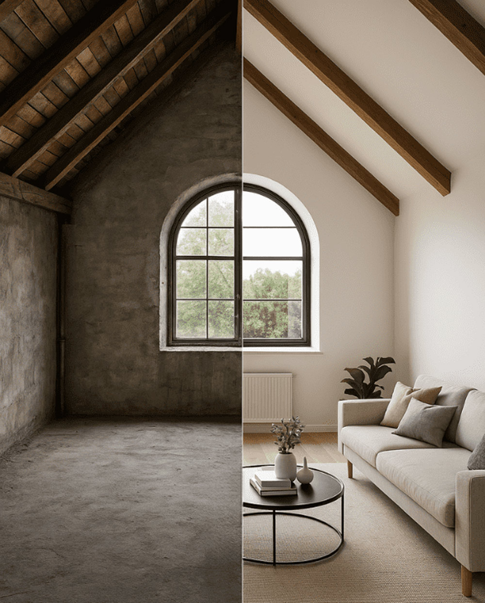 Före- och efterbild av en råvind i en Brf som byggts om från tom vind till färdig, ljus och möblerad vindsvåning.