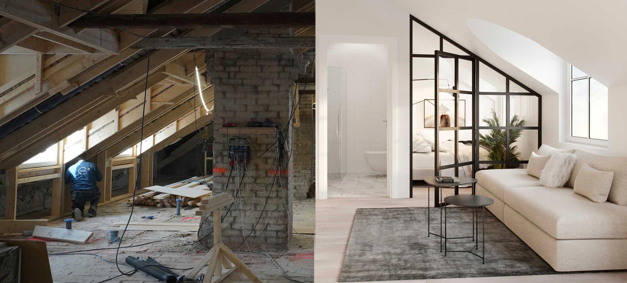 Före- och efterbild av en råvind som har byggts om till moderna lägenheter i en bostadsrättsförening i Stockholm.