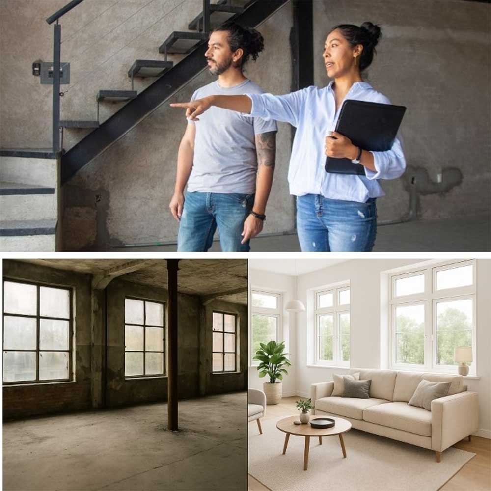 Visning av Brf-lokaler inför underhållsplan, med exempel på råa ytor och ett färdigrenoverat rum.